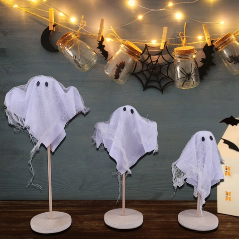 Decorazioni Fantasma di Halloween Ornamenti da Tavolo in Legno Garza Bianco Colorato Fantasmi Pendenti da Appendere per Feste Spaventose