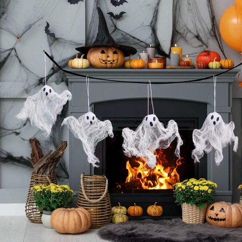 Halloween Gespenster Hängedekoration Netz Gaze Geist Requisiten Für Hof Innen Party Gruselig Weiß Rosa Lila Blau Deko