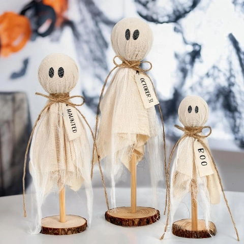 Vintage Halloween Legno Garza Fantasma Ornamenti Desktop Statuetta Decor Corda Di Canapa Etichette Per Casa Festa Decor