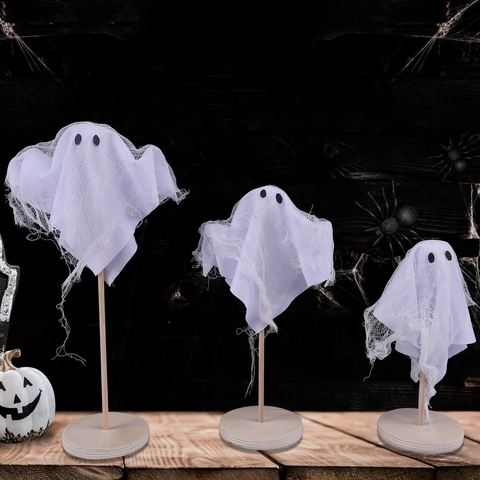 Decorazioni Fantasma di Halloween Ornamenti da Tavolo in Legno Garza Bianco Colorato Fantasmi Pendenti da Appendere per Feste Spaventose