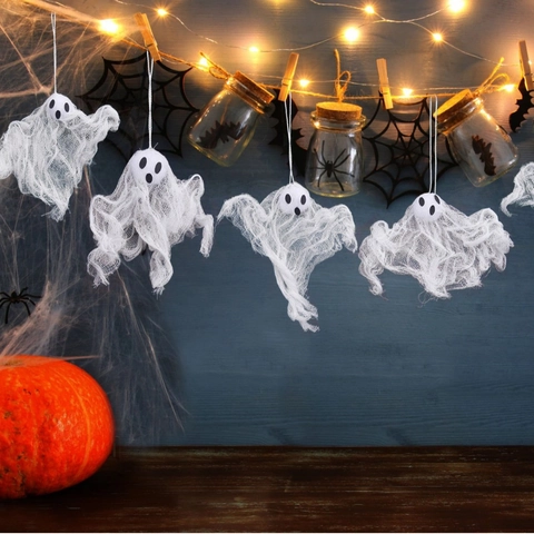 Halloween Gespenster Hängedekoration Netz Gaze Geist Requisiten Für Hof Innen Party Gruselig Weiß Rosa Lila Blau Deko