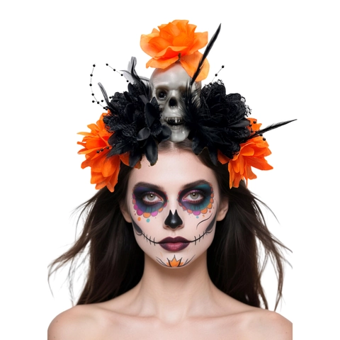 Cerchietto con Teschio Giorno dei Morti Accessori Costume Halloween Con Rose Artificiali Pizzo Piuma Gothic Party Cerchietto