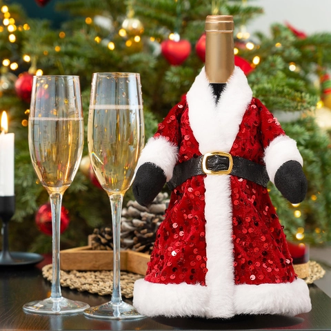 Christmas Wine Bottle Cover Sequin Dress Faux Fur Decor For Red Wine Champagne Festive Party Dining Table Decoration