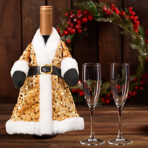 Christmas Wine Bottle Cover Sequin Dress Faux Fur Decor For Red Wine Champagne Festive Party Dining Table Decoration
