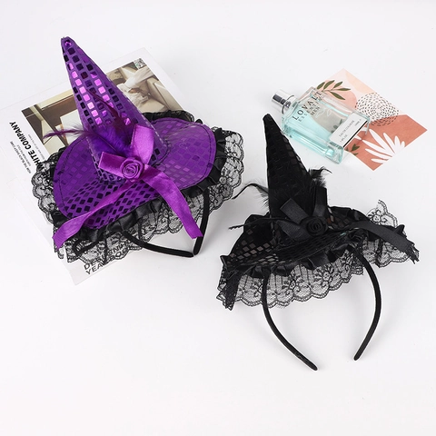 Cerchietto con Cappello da Strega di Halloween con Pizzo Paillettes Piuma Nastro Rosa Glitter Costume Festa in Maschera Accessorio Capelli Donna