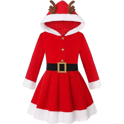 Meisjes Kerst Rendier Jurk Met Capuchon Rood Fluweel Feestkostuum Kinderen Gewei Jurk Lange Mouw Outfit