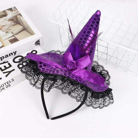 Cerchietto con Cappello da Strega di Halloween con Pizzo Paillettes Piuma Nastro Rosa Glitter Costume Festa in Maschera Accessorio Capelli Donna