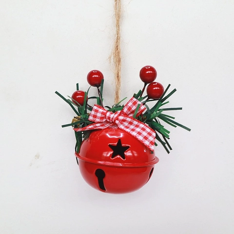 Campana di Natale in Arte del Ferro Con Fiocco a Quadri Bacche Aghi di Pino Corda di Canapa Decorazione Appesa Vintage