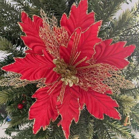 Flores Artificiales de Poinsettia de Navidad de Malla con Purpurina Flor de Tela Brillante Grande para Árbol de Navidad Decoración Hogar