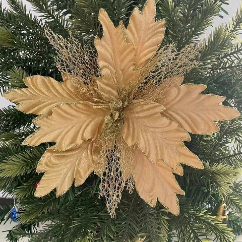 Flores Artificiales de Poinsettia de Navidad de Malla con Purpurina Flor de Tela Brillante Grande para Árbol de Navidad Decoración Hogar