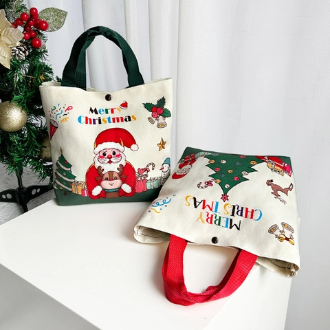Christmas Canvas Gift Bag Santa Claus Reindeer Print Handbag With Snap Button Holiday Present Bag For Candy Apple Storage