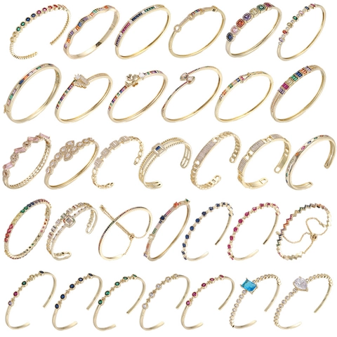 Fashion Gold Plated Copper Bangle Bracelet With Rainbow Zircon Colorful Geometric Adjustable Open Cuff Jewelry For Women Gift