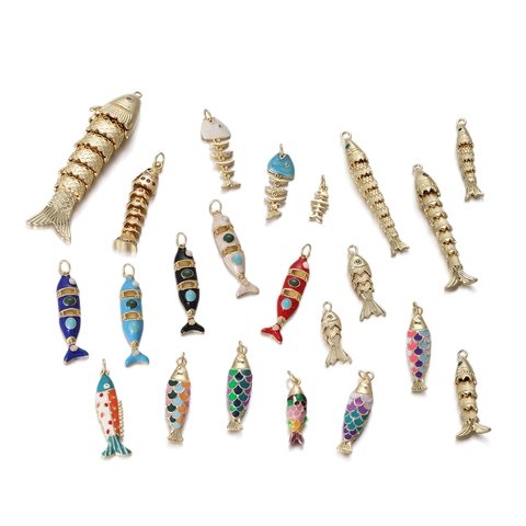 14k Gold Plated Copper Articulated Fish Pendant Zirconia Inlaid Fishbone Charm For DIY Necklace Bracelet Making Jewelry Accessory