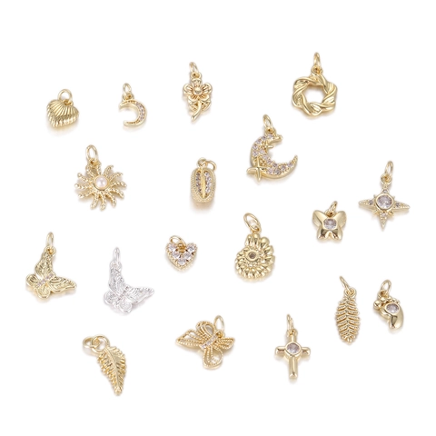 Bohemian 14K Gold Plated Copper Pendants DIY Jewelry Accessories Cute Sun Butterfly Star Moon Heart Cross Zirconia Pendant Only (Without Chain) For Women