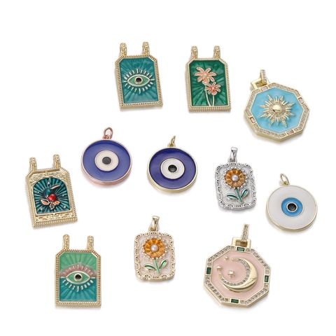 Vintage Bohemian Tarot Card Pendant Copper Gold Plated Enamel Evil Eye Hummingbird DIY Jewelry Accessory Necklace Charm