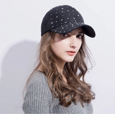 Casquette De Baseball Pour Femme Avec Strass En Coton Chapeau De Soleil Étincelant Réglable À Visière Courbée