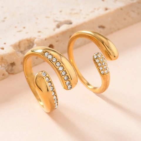Minimalist Stainless Steel Open Ring For Women Gold Plated Rhinestone Bypass Adjustable Ring Fashion Jewelry Gift
