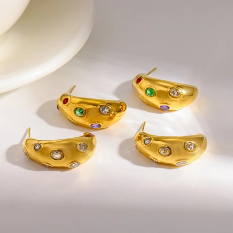 Orecchini a Bottone in Acciaio Inossidabile 304 con Strass a Forma di C Placcati in Oro 18K Gioielli Geometrici per Donna Festa
