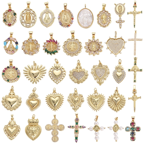 Pendentif Religieux en Cuivre Doré Vintage Cœur Croix Vierge Marie DIY Charm pour Fabrication de Bijoux Femme Accessoires