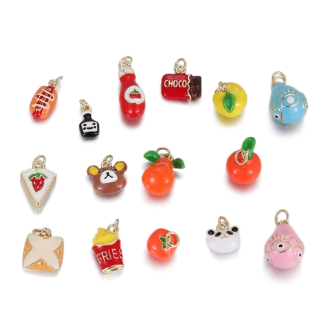 Schattige DIY Koperen Emaille Bedeltjes Fruit Dier Panda Beer Chocolade Patat Ketchup Boze Oog Hangers Voor Ketting Armband Maken