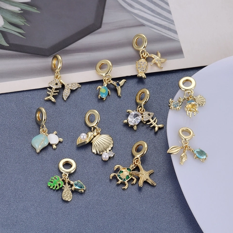Ocean Theme Copper Enamel Sea Turtle Starfish Charms Rhinestone Blue Marine Life Pendant For Necklace Bracelet DIY Jewelry