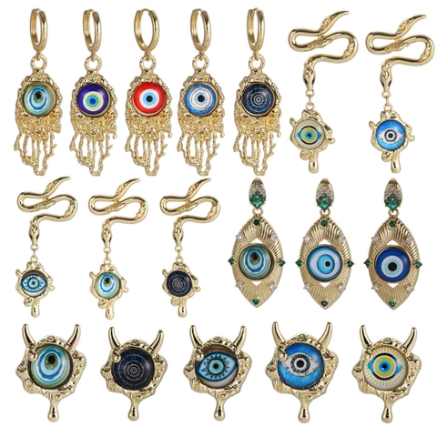 Vintage Copper Evil Eye Dangle Earrings For Women Gold Plated Bohemian Lava Texture Snake Evil Eye Rhinestone Earrings Jewelry