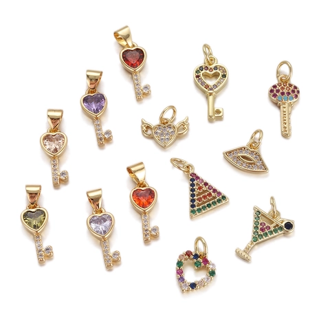 Vintage Copper Zirconia Heart Key Pendant Charms For DIY Necklace Bracelet Making Women Fashion Jewelry Accessories