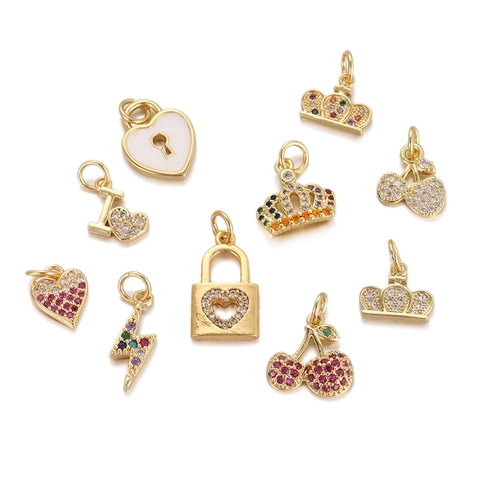 Vintage Copper Rhinestone Heart Crown Cherry Lightning Pendant DIY Necklace Bracelet Accessories Jewelry Making Charms For Women