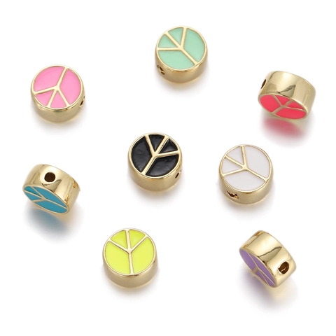 14K Vergulde Koperen Vredessymbool Tussenkralen Kleurrijke Emaille Ronde DIY Bedelkralen Voor Sieraden Maken
