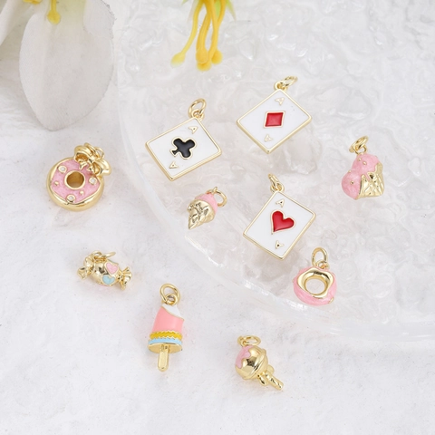 Copper Enamel DIY Jewelry Pendants For Necklace Bracelet Making Poker Card Donut Ice Cream Heart Candy Design Charms