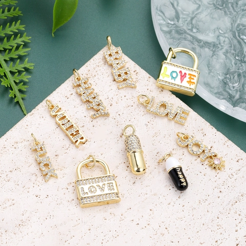 Copper Gold Plated Lock Letter Pendant For DIY Jewelry Making Micro Inlaid Zirconia Enamel Capsule Charm For Necklace