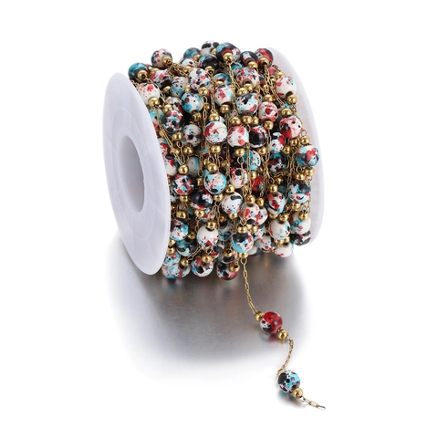 Stainless Steel Beaded Chain With Marble Pattern Ceramic Beads Gold Plated Jewelry Making Chain For DIY Necklace Bracelet