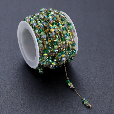 Handmade Stainless Steel DIY Beaded Chain With Green Crystal And Gold Beads For Necklace Bracelet Making Jewelry Findings