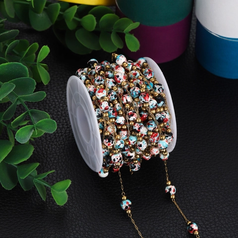 Stainless Steel Beaded Chain With Marble Pattern Ceramic Beads Gold Plated Jewelry Making Chain For DIY Necklace Bracelet