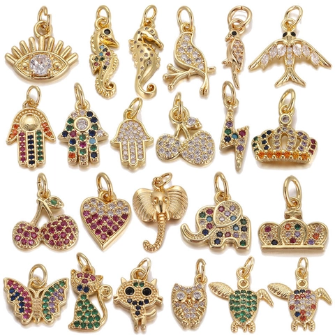 Fashion Copper Zirconia Animal Charms Elephant Butterfly Cat Owl Hamsa Hand Evil Eye Pendants For DIY Jewelry Making Necklaces