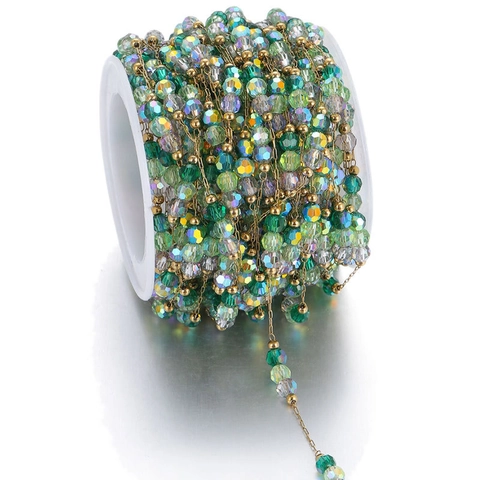 Handmade Stainless Steel DIY Beaded Chain With Green Crystal And Gold Beads For Necklace Bracelet Making Jewelry Findings