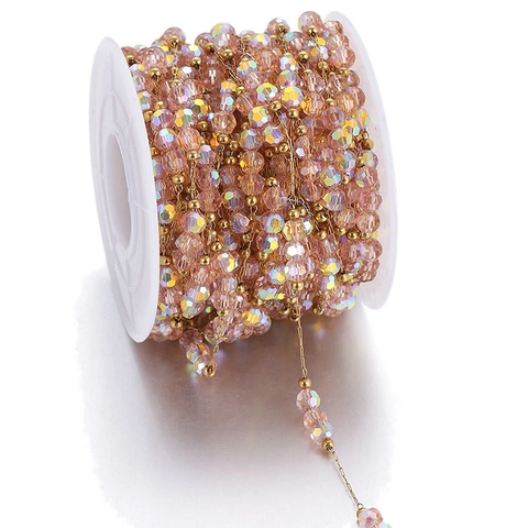 Stainless Steel Gold Plated Chain With Pink Faceted Crystal Glass Beads For DIY Handmade Jewelry Making Necklace Accessory