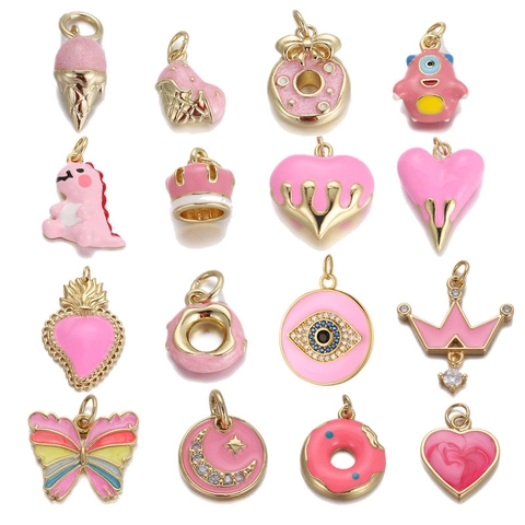 DIY Copper Enamel Rhinestone Pendants For Jewelry Making Cute Heart Moon Star Dinosaur Donut Charms For Necklace Bracelet Earrings Accessories