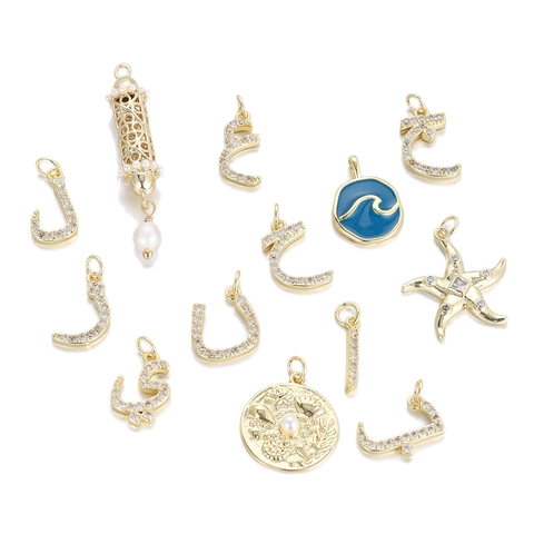 Arabic Letter Marine Starfish Shell Round Coin Pendant For Women DIY Jewelry Copper Rhinestone Artificial Pearl Charm