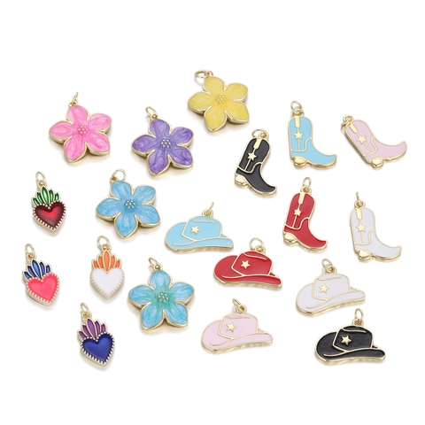 Copper Enamel DIY Jewelry Charms Cherry Blossom Heart Cowboy Boot And Hat Pendants For Necklace Bracelet Keychain Earrings Making Components