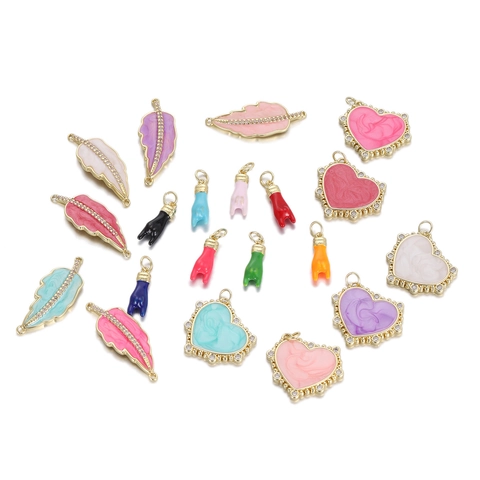 Hip Hop Colorful Enamel Heart Feather Gesture Pendant Copper Gold Plated Zirconia DIY Necklace Jewelry Making Accessories