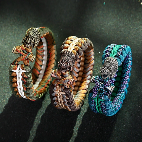 Herren Handgefertigtes Geflochtenes Paracord Überlebensarmband Mit Retro Legierung Indianerhäuptling Totenkopf Anhänger Outdoor Taktisches Armband