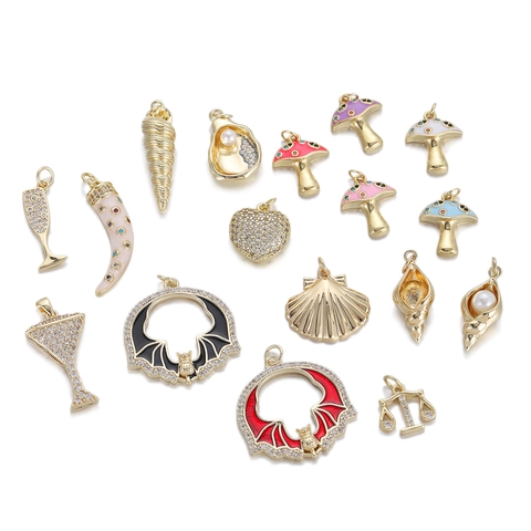 Pendentif en Cuivre Zircon Émail DIY Collier Charms Chauve-souris Champignon Verre de Vin Coquille Cœur Accessoires Bijoux Femme