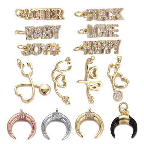 Micro Pave Zirconia Copper Pendant Only Without Chain Heart Letter Stethoscope Moon Style Jewelry Making Women Accessory