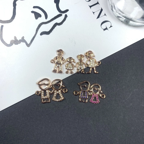 Pendentif Famille en Cuivre Zirconium Pour Fabrication de Bijoux DIY Connecteur Garçon Fille Or Rose Pour Collier Bracelet Femme
