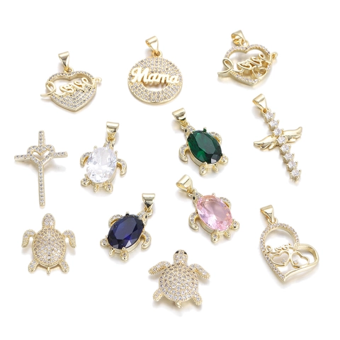 Copper Zirconia Pendant Only Without Chain Sea Turtle Heart Cross Mama Love 14K Gold Plated DIY Accessory For Women Gift