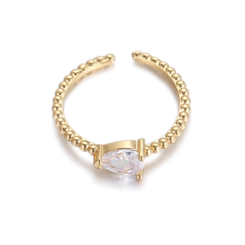 Anillo de Cobre con Zirconia de Moda Corte de Pera Gota de Agua Banda de Cuentas Ajustable Chapado en Oro Joyería para Mujer