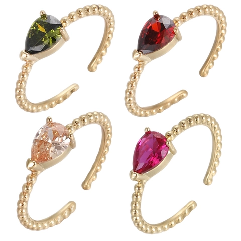 Anillo de Cobre con Zirconia de Moda Corte de Pera Gota de Agua Banda de Cuentas Ajustable Chapado en Oro Joyería para Mujer