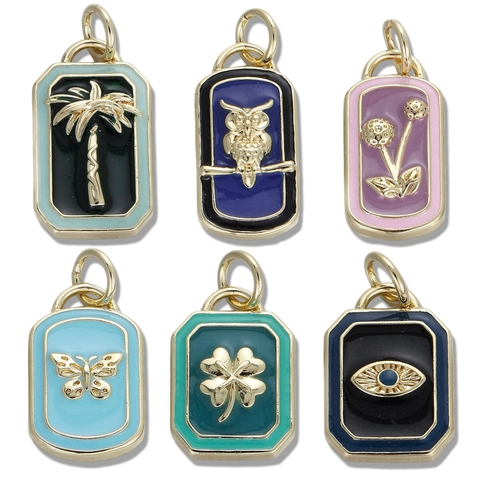 Copper Enamel Palm Tree Butterfly Owl Dandelion Evil Eye Four Leaf Clover Rectangular Pendant Charm For Necklace Bracelet DIY Jewelry Making Women Accessory