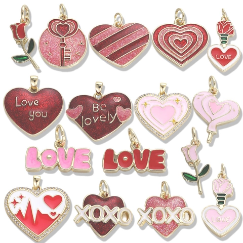 14K Gold Plated Copper Heart Rose Pendant Charm For DIY Jewelry Making Valentine's Day Love Heart Zirconia Inlaid Necklace Accessory